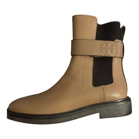 Tory Burch T Chelsea Boot Tan Leather Black Elastic Logo Strap Pull-On Size 7 - Picture 3 of 8